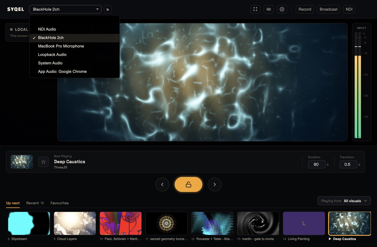 The audio source list open in the top bar, showing System Audio, App Audio: Google Chrome, a microphone and virtual devices