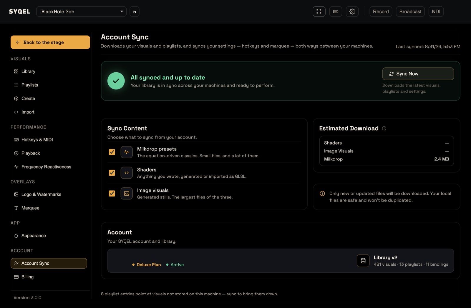 Settings, Account Sync: the status card reads All synced and up to date, with the Sync Now button, the Sync Content choices and the Estimated Download