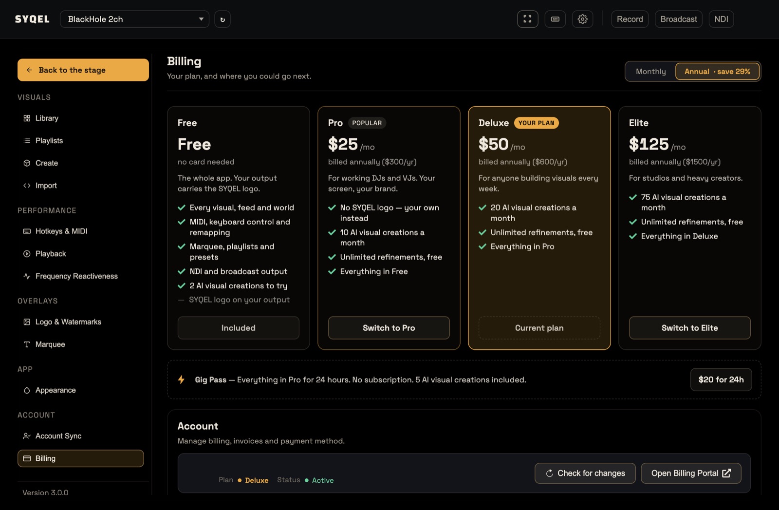 The Billing screen in SYQEL, with the plan cards and the Check for changes and Open Billing Portal buttons