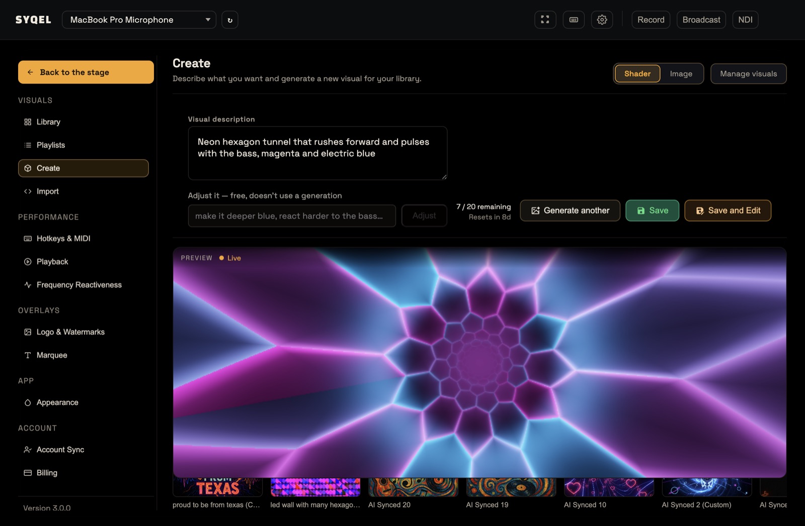 The Create screen with the Shader and Image switch, description box and preview