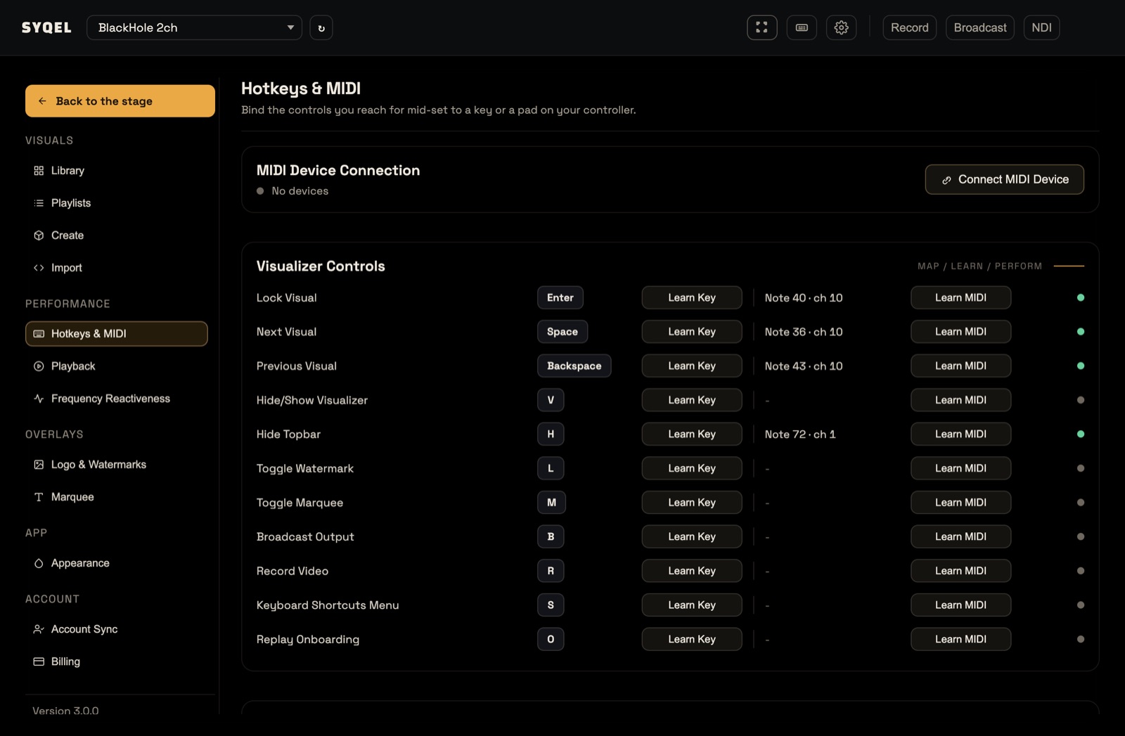 Settings, Hotkeys & MIDI screen with the MIDI Device Connection card and the Visualizer Controls list