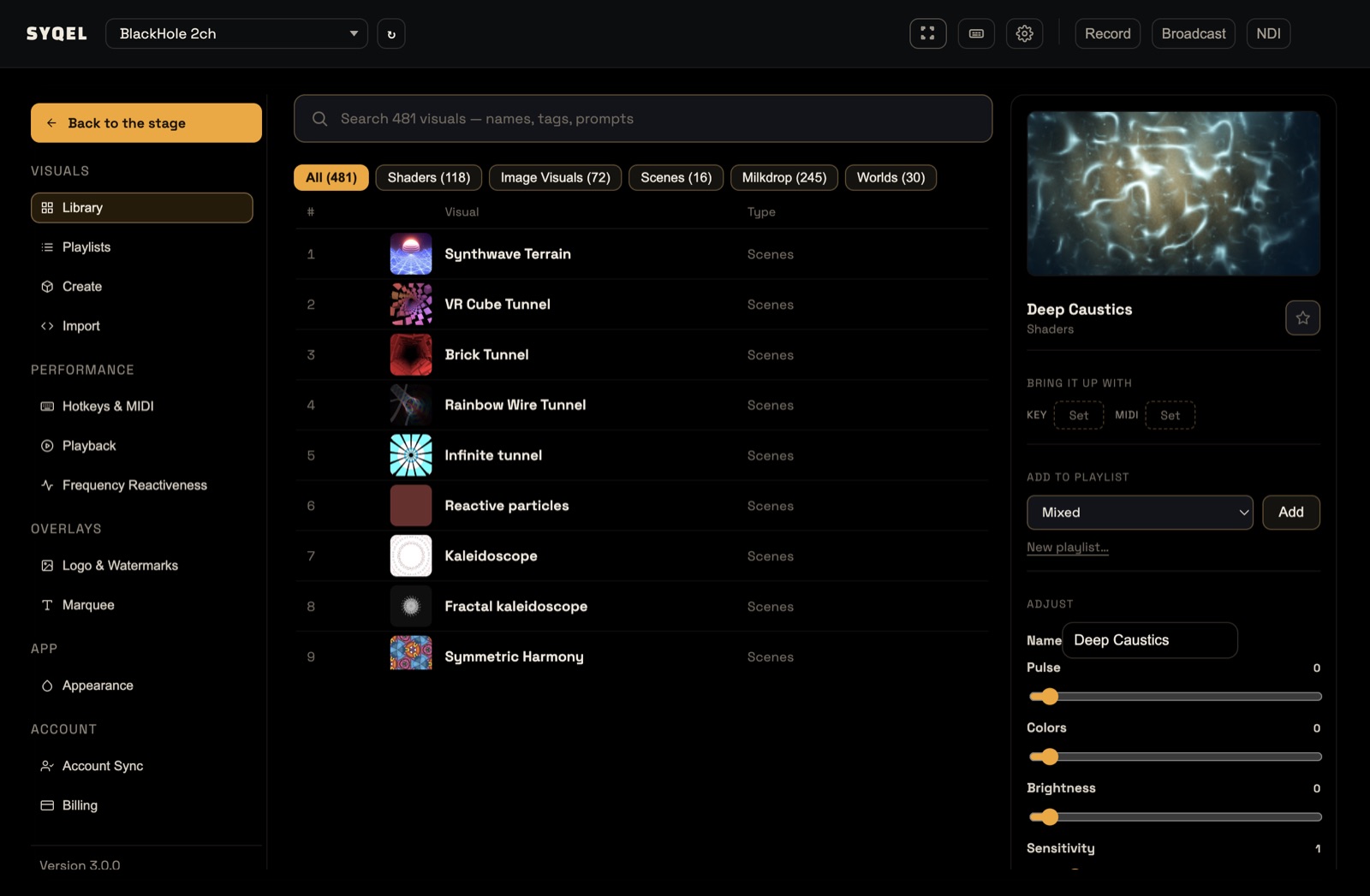 The Library with a visual selected and the Add to playlist control in the side panel