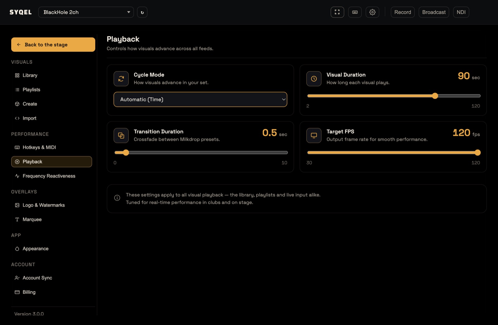 The Playback settings: Cycle Mode, Visual Duration, Transition Duration and Target FPS