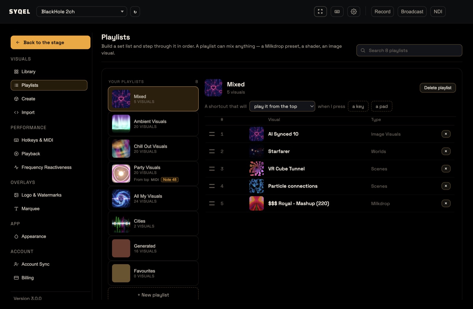 The Playlists screen with a playlist open